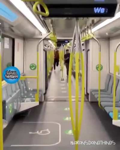 Racing through the empty subway train. [x-post from r/OnlyInPublicTransport]