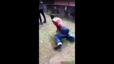 Did he just fart when he fell? Anyway... He literally gets his ass beaten out of his pents