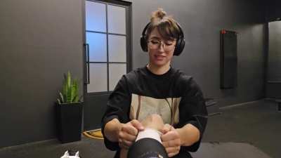 Stretching in gym socks 👀