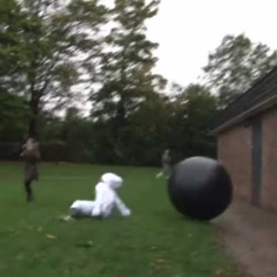 Guy jumped on an exercise ball from the terrace