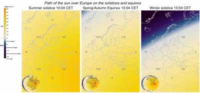 It's the equinox tomorrow, here is the path of the sun over Europe on the equinoxes and solstices. [OC]