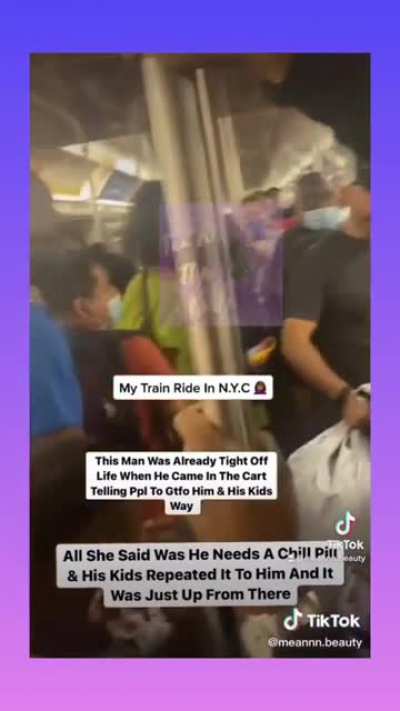 A woman on the subway tells an aggressive man to take a chill pill, and he punches her in the face