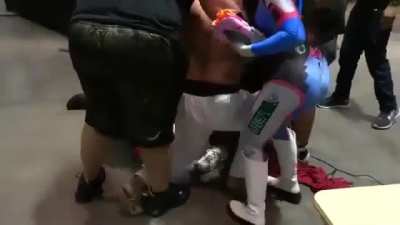 A Couple of "funny" pranksters brutally beaten for interrupting a wrestling match.