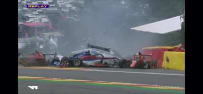 Formula one pile-up in Belgium.