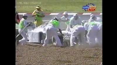Pedro Diniz accident - 1996 Argentine Grand Prix. His car burst into flames after a pit-stop due to its fuel valve sticking open; 