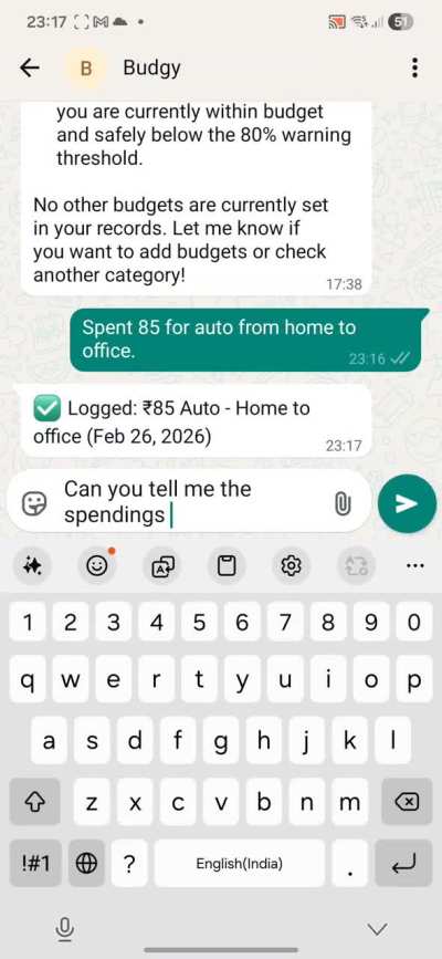 Lazy me procrastinate to update and keep track of expe ses, budgy on whatsapp seems handy.