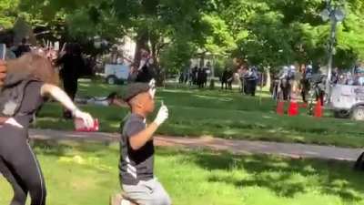 A young black man jumped the gated barrier in Lafayette Park near the White House. Then a white girl jumped the barrier and put herself between the young man &amp;amp; US Park Police to protect him. (Video)