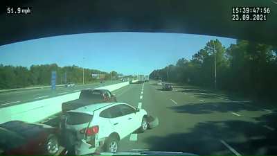 A 17-year-old girl learns a hard lesson about merging properly. (Everyone is okay and she admitted to never looking left) Pictures in the comments.