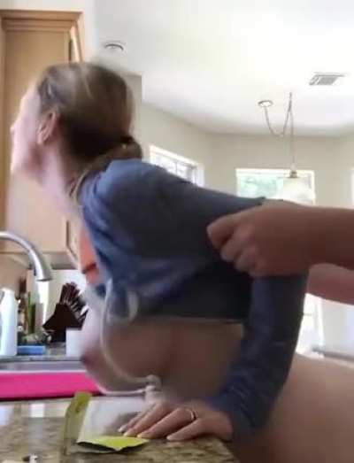 Busty housewife getting plowed in the kitchen