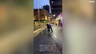 Young Karen gets her ass kicked by a security guard after she threw a drink in his face