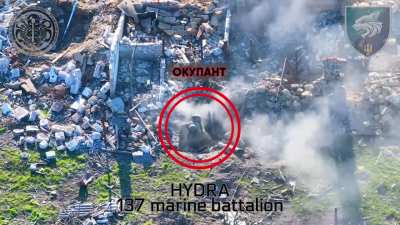 UA "Hydra" drone team (137th Marine Battalion) spotted Russian infantry operating from beneath a destroyed house on the left bank of the Dnipro. FPV strike drones and incendiary munition drop burned the position. March 11, 2024