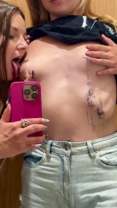 The fitting room of a store is the best place for breast sucking, because the nipples become even tastier there