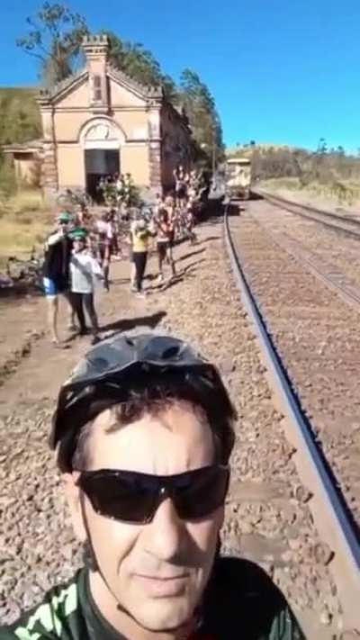 Selfie with a little too close to oncoming train.