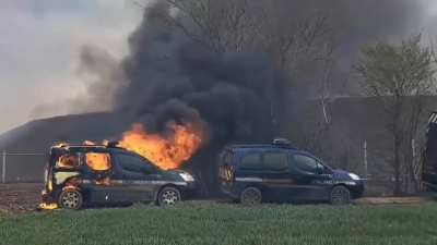 A mobile gendarmerie truck was set on fire during violent clashes between demonstrators and police in SainteSoline. (France)
