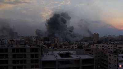 Gaza Strip building bombed ~6:15PM Oct. 9th (The Sun livestream cap)