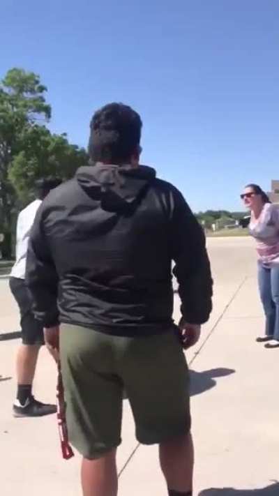 Big dude takes down two guys trying to jump him