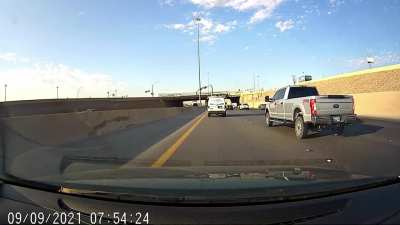 Van speeding in an exit lane and crossing lanes without looking runs me into the emergency lane.