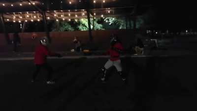 Sparring critique please. I'm the guy with the painted mask.
