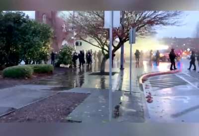 Oregon riot police advancing against Trump's violent MAGA covidiots and arresting some of Trump's domestic terrorist thugs