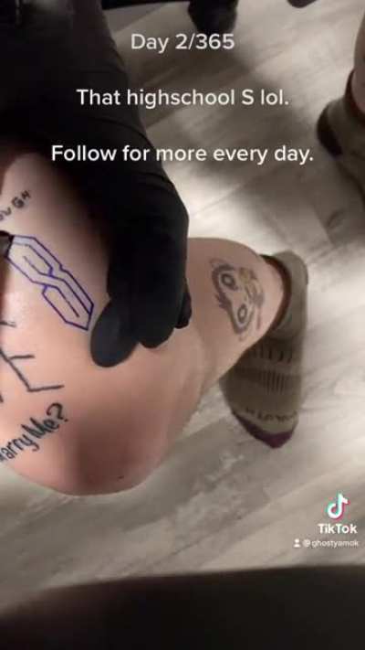 Ghostyamok on tiktok. Day 2 of my tattoo every day. The highschool &ldquo;S&rdquo; someone suggested.