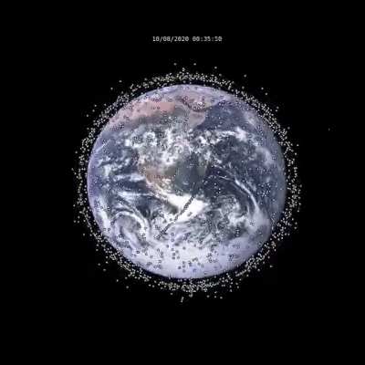 One hour of active satellites orbiting Earth (sped up by 240x) by /u/theslavvv