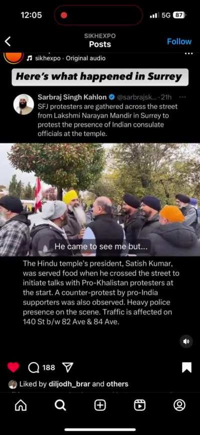 Laxmi Narayan Mandir&rsquo;s president warmly greeted with hugs and food by Sikh protestors on Sunday, prior to the chaos that ensued.