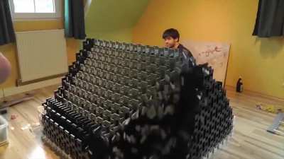 Guy accidentally knocks down a 10 000 domino structure