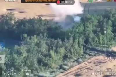 A Ukrainian FPV pilot attacks a Russian "Tiger-M" armored vehicle fitted with an anti-drone cage near Novoaleksandrovka, Donetsk Oblast.
