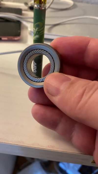 Found on Amazon for $25. A pretty good entry into fidget rings. An 8-slot interchangeable magnet array. Shown here is gameplay of one magnet, reversed in slot for repulsion effect.