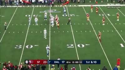 With 13 seconds left, no timeouts left and in position for a Hail Mary pass, Cowboys quarterback runs the ball in the middle of the field instead. The Cowboys can't get set in time for another play, the clock runs out and the Cowboys season comes to an en