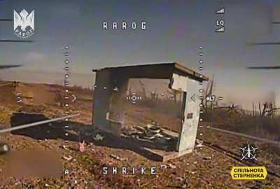 That's the last bus stop, mate! (Russian soldier is trying to hide from the FPV drone in the old Soviet-style bus stop - music from the source).