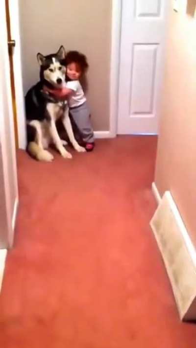 Crian&ccedil;a com medo de aspirador busca prote&ccedil;&atilde;o com o cachorro.