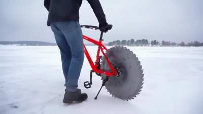 The engineer made an 'icycycle' by replacing the original wheels with serrated steel rims.