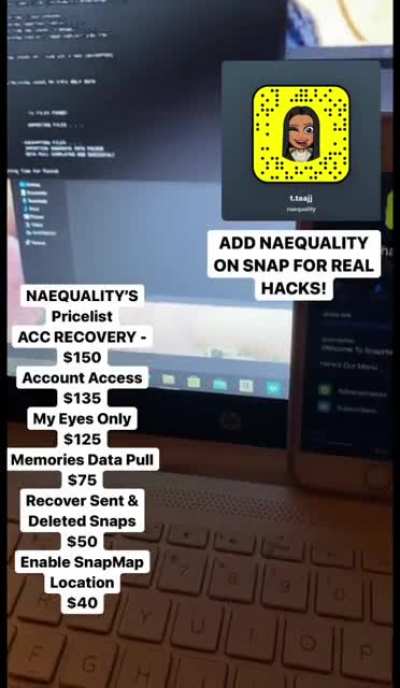 Anyone need an ACTUAL hacker for social media with REAL proof? We're able to get Account Access, Account Recovery, My Eyes Only Hacks Done &amp;amp; We Have More Available Also &amp;gt;&amp;gt; Add @naequality on Snapchat &amp;amp; Hit the telegram group link in the comm