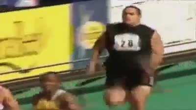 A Samoan shot putter, Trevor &lsquo;The Tortoise&rsquo; had to run the 100m race after his teammate had to drop out