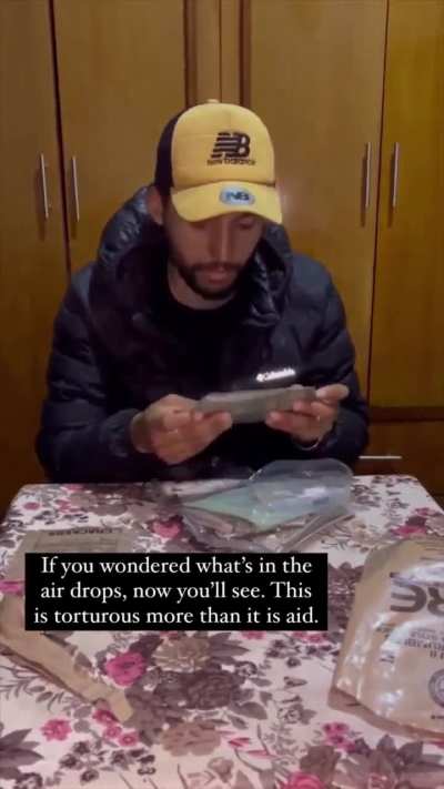 "I will give it a 2 out of 10; nothing tastes good." A Gazan doing an unboxing and taste test for American aid during wartime