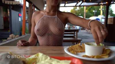 No bra at lunch [F]