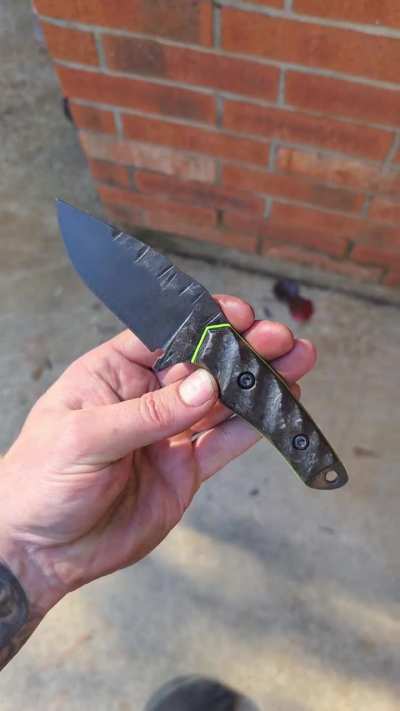 80crv2 EDC Rust Blued finish with Sandblasted Carbon fiber and Toxic Green G10 liners.