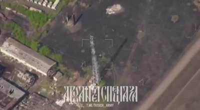 Ukranian tower with signal repeaters for FPV drones hit by Russian &ldquo;Product 305&rdquo; LMUR launched by a Ka-52M attack helicopter.