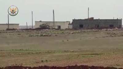 NLF ATGM strike on an SAA T-55 the moment it appears to swivel its turret in the cameras direction - Abu Jarif, Idlib - 12/26/2019
