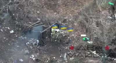 RU POV: Complete UAV footage: Assault Unit clearing UAF dugout are fired upon from inside, smoke grenades are deployed to flush enemy troops out, as they do they are eliminated by Stormtrooper call sign "Lusa"