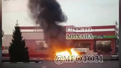Arrival of the "Falcon Squad" drone of the 57th OMPBr on Russian military vehicles in the parking lot of a supermarket in Shebekino, Belgorod region. 