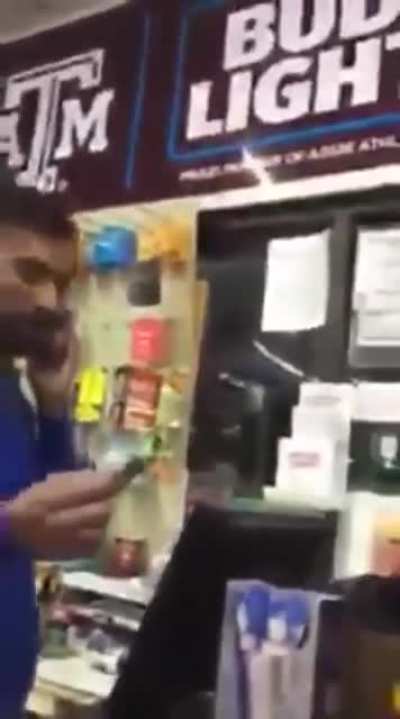 Indian store clerk embarasses a disrespectful Texas A M student.
