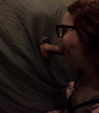 Worshipping hubby&rsquo;s cock thru our at home gloryhole pt2