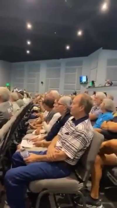 Republican Rep. Brian Mast gets booed while defending Trump’s tariffs during his town hall earlier today in Jupiter, Florida.