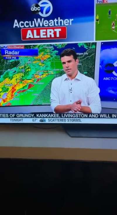 Weatherman reacts to being kicked off the air for the Euro&rsquo;s in the middle of an active tornado