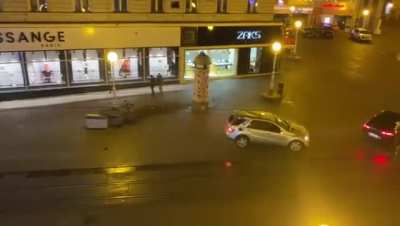 Filming a car chase scene. Tram flips a car.