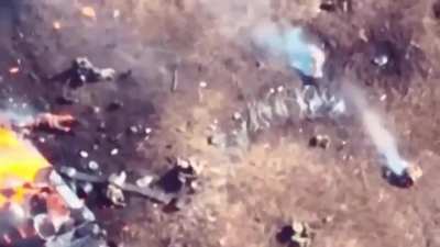 Russian BTR drives into a mine and explodes, Russian survivors are then shot at by Ukrainian soldiers near Avdiivka