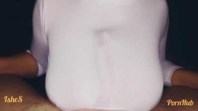 Quick tug before she blankets cock up her top to finish the job