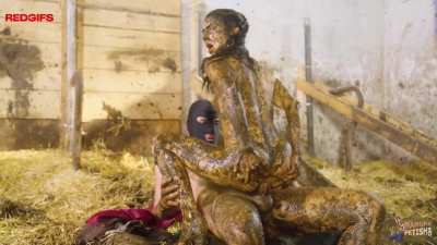 Covered in shit and riding a cock